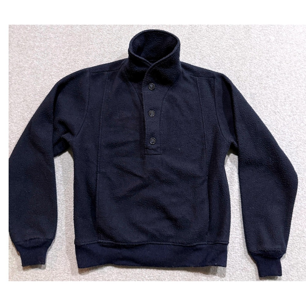 Early Winters Vintage Navy Blue Fleece 3-Button Mock Neck Pullover Sweater Large